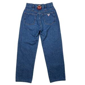 Guess Vintage Jean 29 Blue High Rise Patch Logo Tapered Zip Fly Retro Hipster